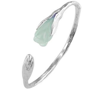 Wholesale Handcraft Sterling Silver Cuff Bracelet with Sculpted Natural Jade Gardenias Silver Bangle (B6032401GREEN) from china suppliers