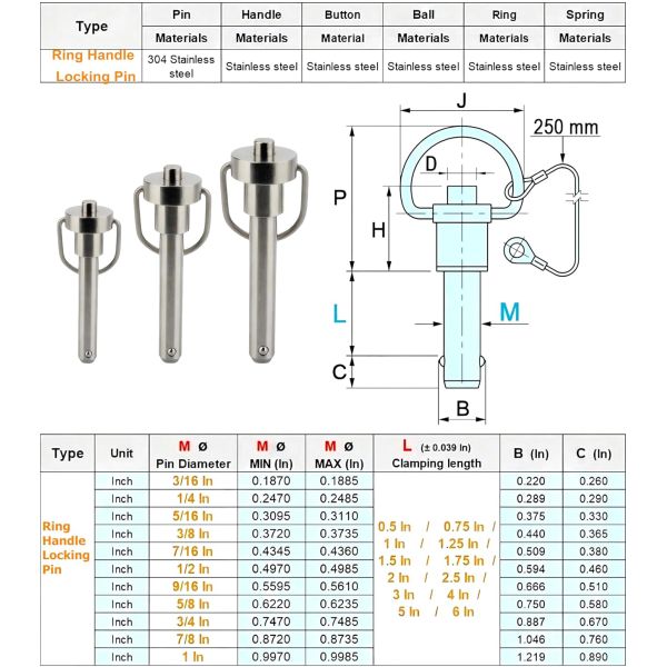 Quick Release Pin Push-Button Ball Locking Pin 304 Stainless Steel Ring Handle Locking Pin