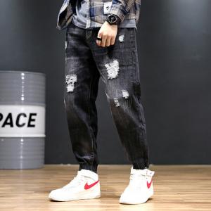 China Customized Logo Polyester Haren Nine Point Pants Loose Dark Blue Jeans on sale