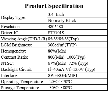 3.4 Inch IPS TFT LCD Module 480×480 Smart Home Display MIPI Interface