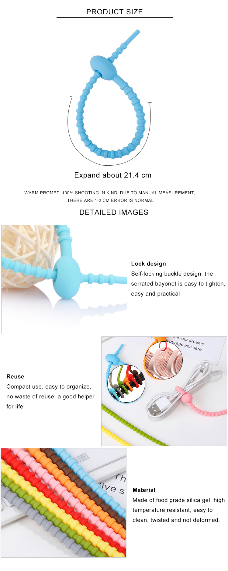 Reusable Silicone Cable Ties , Tidy Wire Cord Lead Organizer