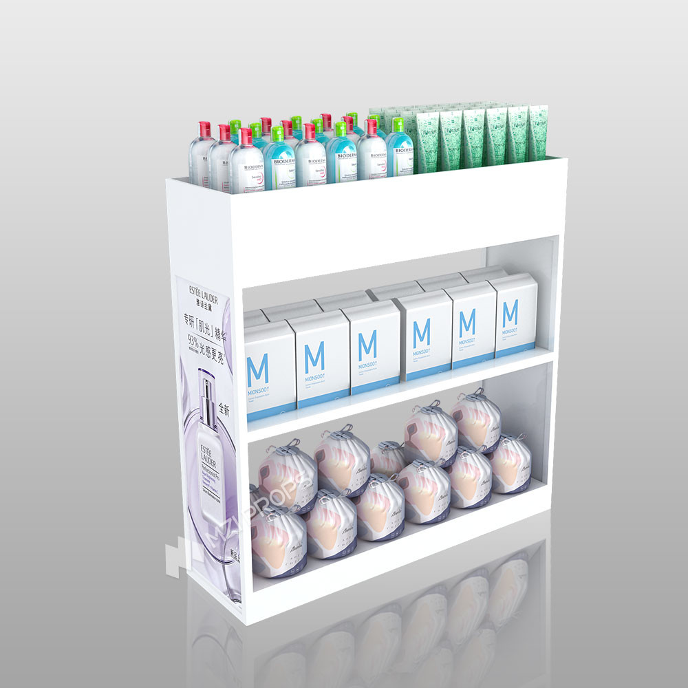 Customizable Promotion Display Rack Skincare Shop White Wooden Stand For Beauty Store Interior Design
