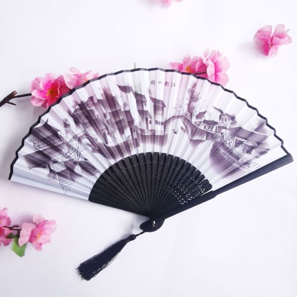 Wholesale Custom Logo Printed Bamboo Folding Fan 21CM(8.27in) Hand Crank Fan with Bamboo and Silk Material