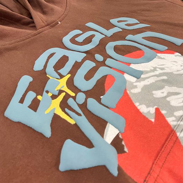 Custom 100% Cotton Brown 3d Puff Printing 500 Gsm Heavyweight Pullover Oversized French Terry Puff Print Hoodie Men