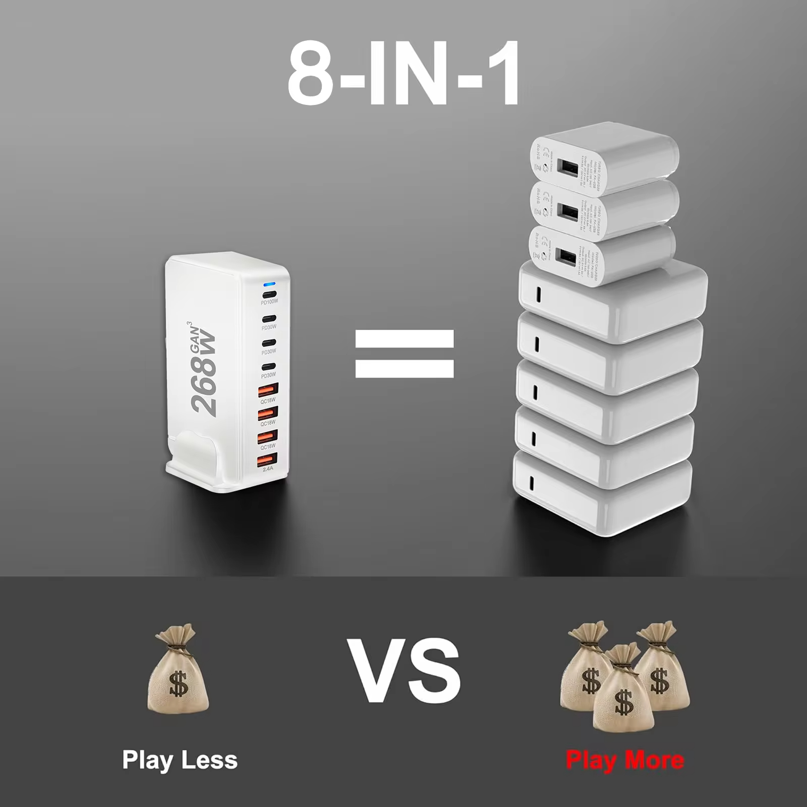 268w GAN Multiple Ports Usb 5c 3a Desktop Laptop Power Adapter with ABS PC Material