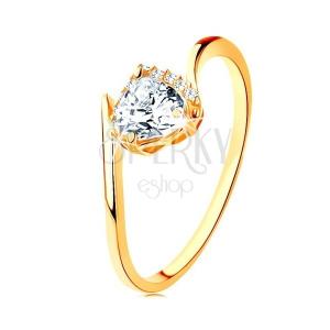 Wholesale 9K Gold Ring, Heart Cut Zircon In Clear Colour Gripped Between Bent Ends Of Shoulders, Decorated Mount from china suppliers