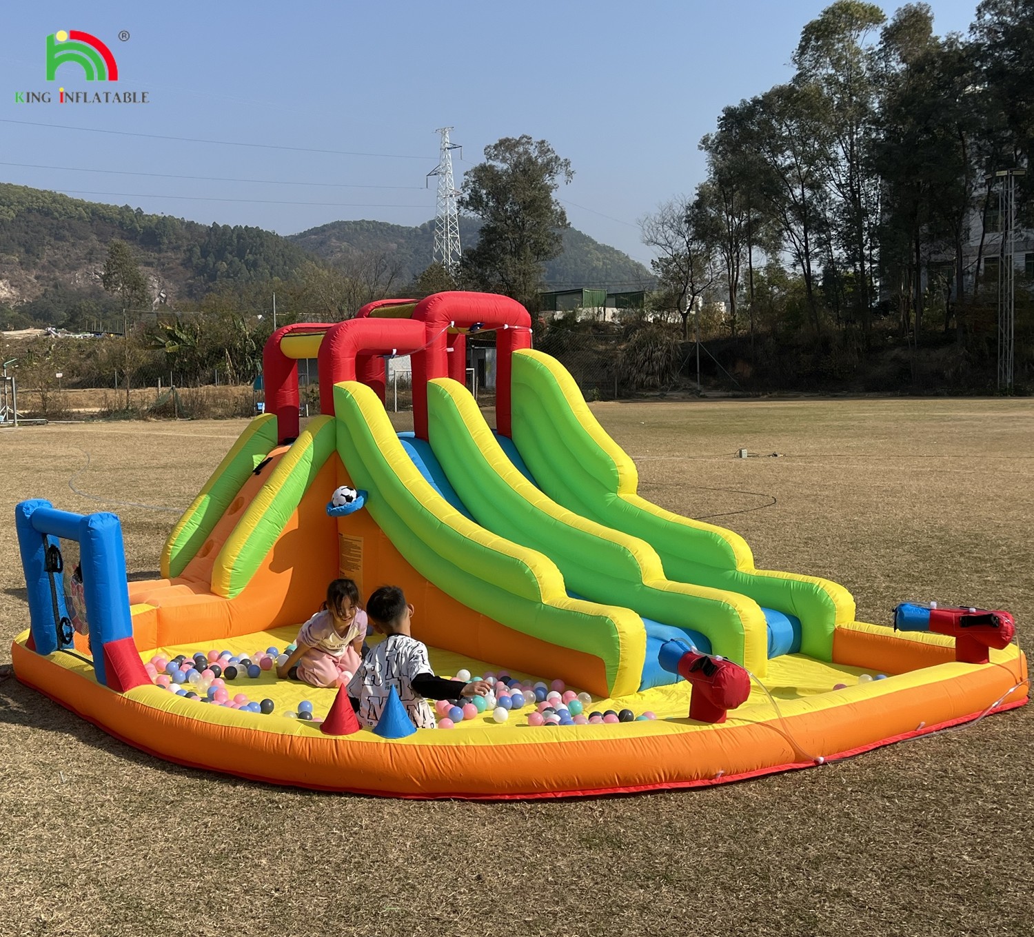 Inflatable Bouncer Combo Bounce House Double Lane Inflatable Water Slide With Water Pool Trampoline Shooting Net Basket Climbing