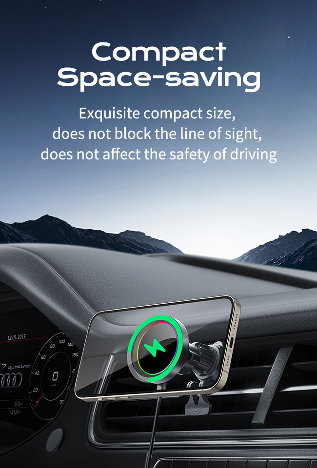 Aluminium Alloy Texture RGB Light Effect Adjustable Magsafe Wireless Charger For Car Phone Holder Fast Charging One Hand Operation