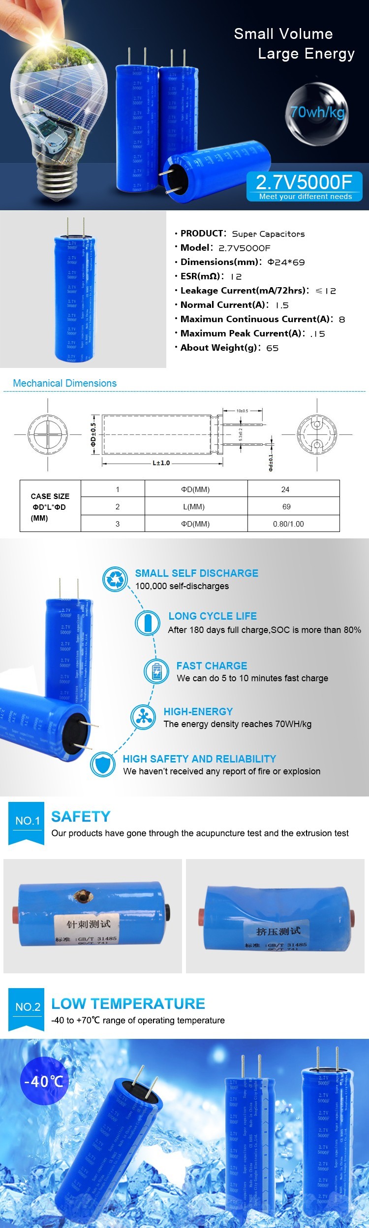 5000F 70WH Supercapacitor For Car Battery , Portable Supercapacitor Phone Battery