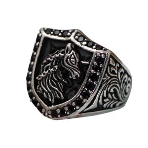 Wholesale Retro Sterling Silver Engraved Unicorn Pave Black Cubic Zircon Men Ring (043890) from china suppliers