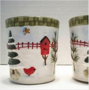 China Candle Set of 2 Ceramic Christmas Votive Holders Pine Trees Birdhouse EUC on sale