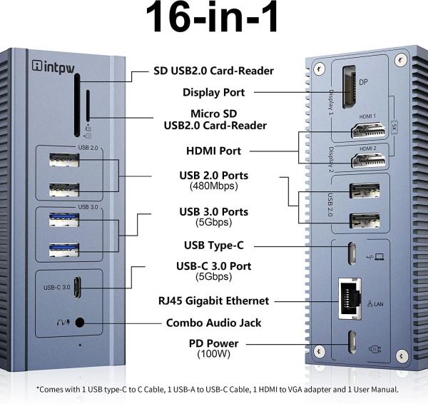 Quality 16 In 1 Gigabit Ethernet Docking Station Hdmi Usb C 4K Video Output Display Link for sale