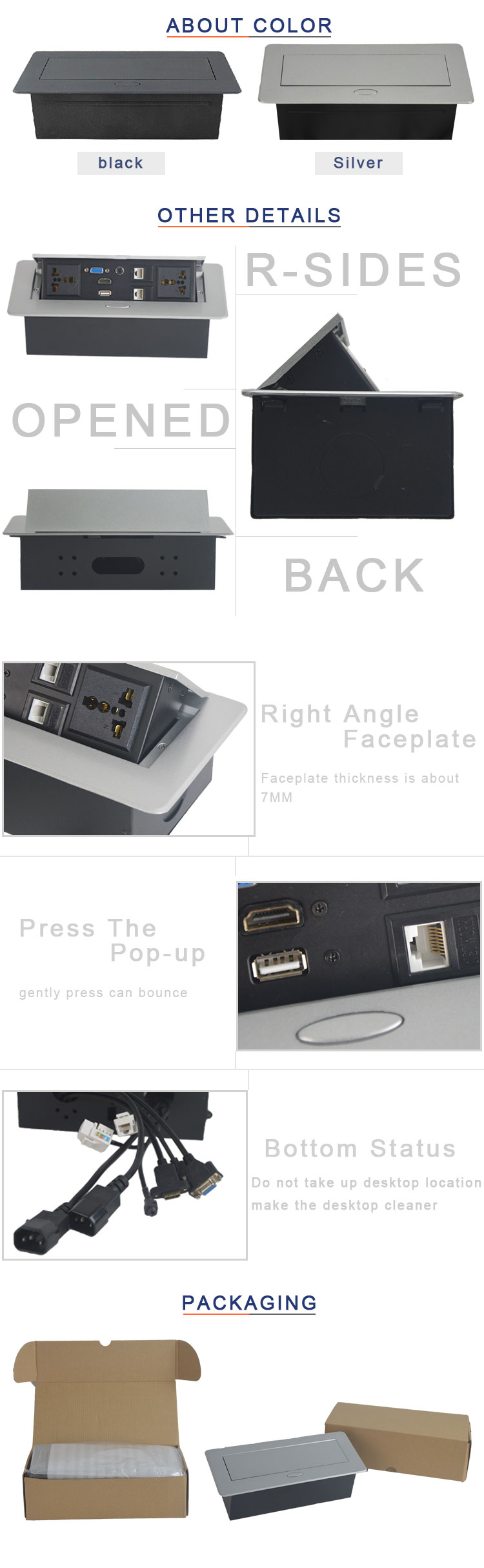 Desk Pop Up Socket Box CAT6 Jack With 30cm Power Cord