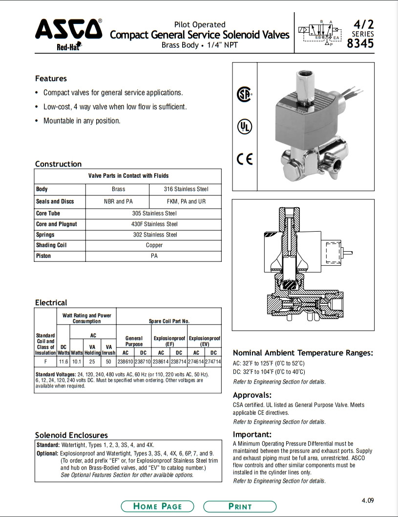 Compact General Service 2 Position 4 Way Solenoid Valve ASCO 345 Female NPT