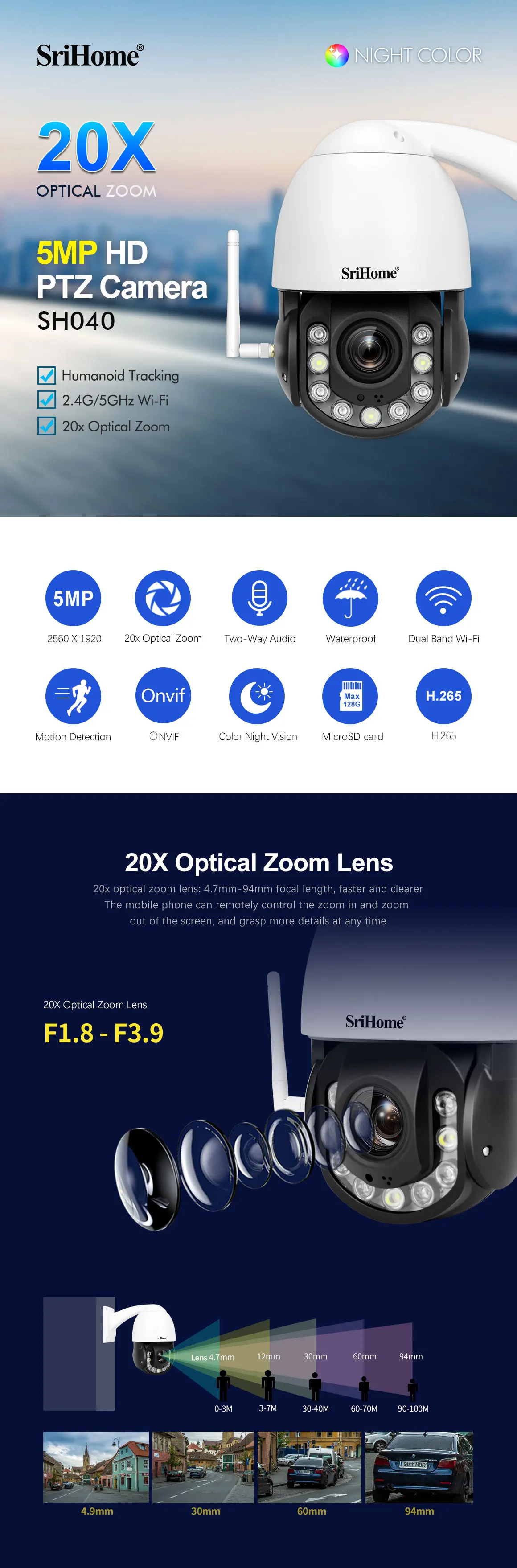 5MP Wireless CCTV Outdoor Camera 20x Zoom Wifi IP Network PTZ Camera Support 360 Degree Rotation