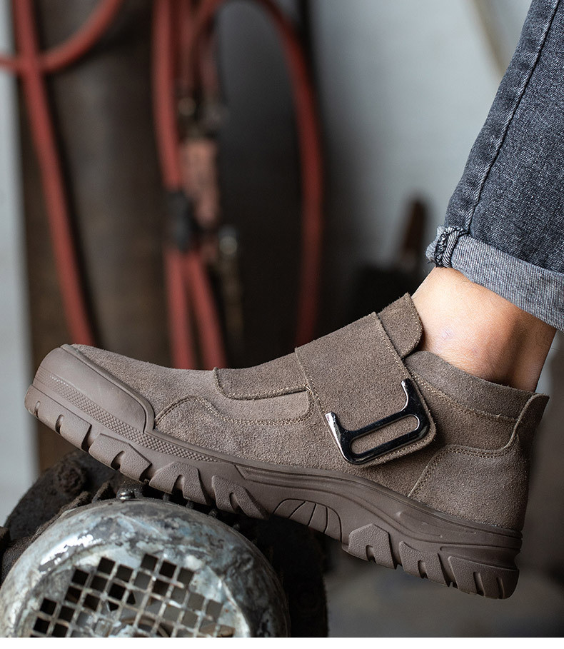 Comfortable Men's Welding Safety Shoes Suede Work Boots With Rubber Sole Felt Button Kevlar