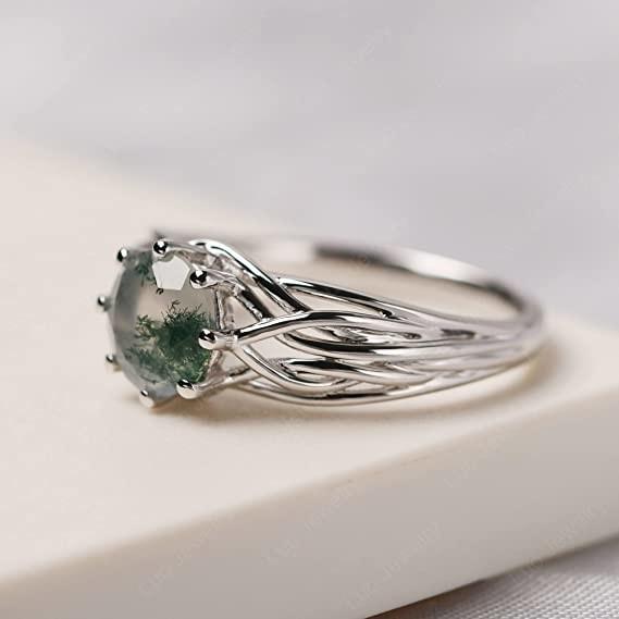 925 Sterling Silver Round Cut 7 MM Moss Agate Ring Personalized Promise Ring