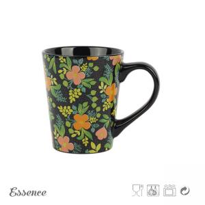 China Hand Painted Custom Stoneware Mugs Flower Design , Black Custom Printed Coffee Mugs 11OZ on sale