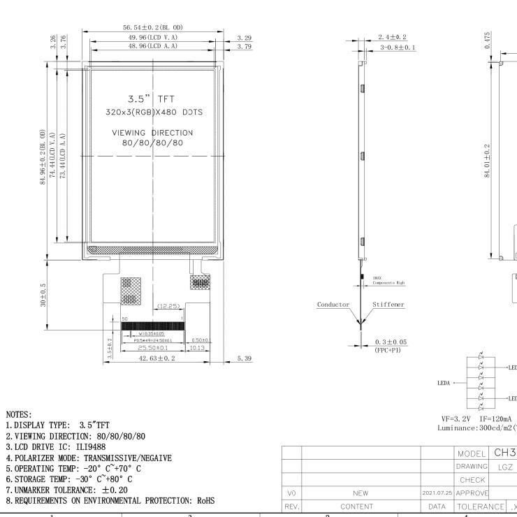 9 Bit LCD Display Module 3.5 Inch I80 System 320x480 RGB 300cd/m2 CTP