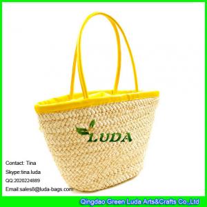 China LUDA light yellow genuine leather handbags cornhusk straw beach bag sets on sale