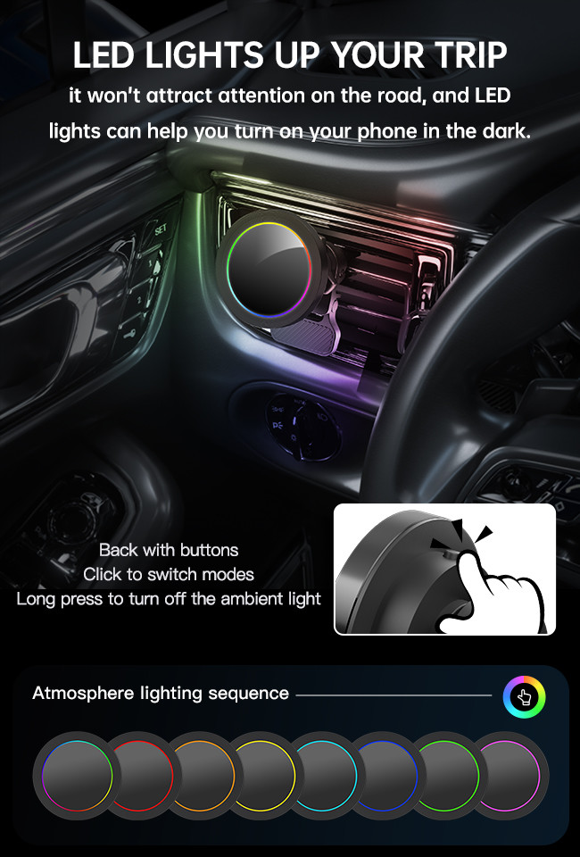 Magsafe Car Mount Aluminium Alloy Texture Wireless Charger With RGB Light Display And One Hand Operation For Automotive