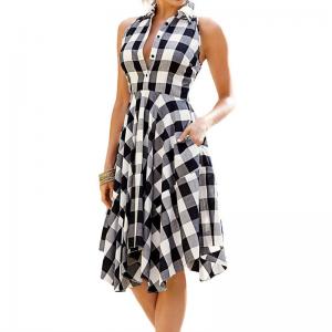 Wholesale Women Plaid V-Neck Sleeve Casual Dress from china suppliers