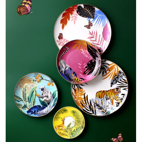 Jungle Animal Pattern Ceramic Plate Set Round European Style For Home Party