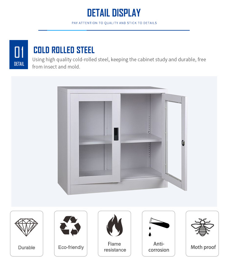 Glass Door steel file cabinet with lock Metal Slide Door Cupboard