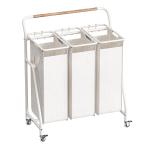 Metal Wire Laundry Basket With Bamboo Handle And Wheels Utility 3 Division Big