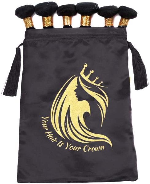 Luxury black satin wig bag with tassel and customized logo for hair extension