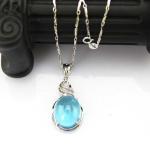Sterling Silver Chain Oval Dome Blue Topaz Cubic Zirconia Charm Pendant Necklace