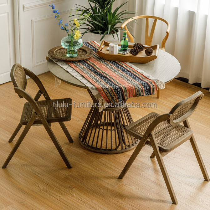 Rustic Style Solid Wood Rattan Folding Chairs for Events Optional Colors and Durable Design