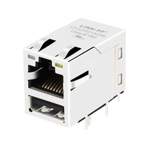 Wholesale E&amp;E MTJ-USB-88JX1-FS-PG-LL-M41 Compatible LINK-PP LPJU3101AONL 10/100 Base-T Orange&amp;Green/Yellow Tab Up Dual USB RJ-45 Connector from china suppliers