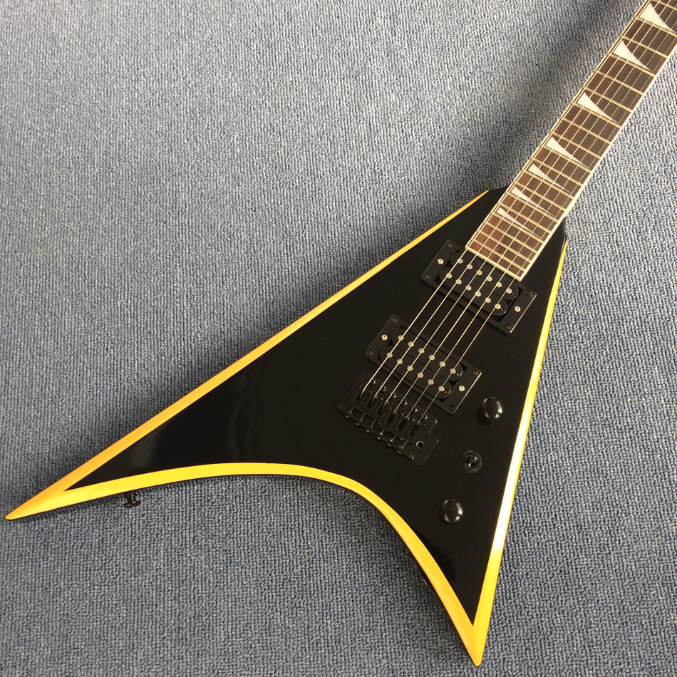 New high quality V type electric guitar,Rosewood, yellow circle black edge