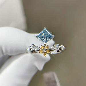 Wholesale Fancy Color Lab Grown Synthetic Blue Diamond Princess Cut 1.1ct 18k White Gold Set Fashionable Ring from china suppliers