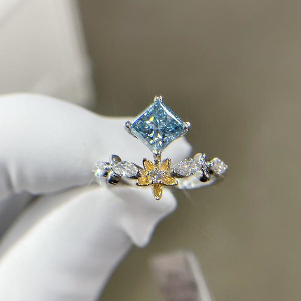 Fancy Color Lab Grown Synthetic Blue Diamond Princess Cut 1.1ct 18k White Gold