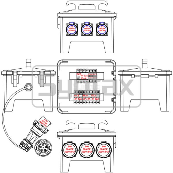 IP67 Waterproof Portable Power Distribution Board 63A/5P with Polycarbonate Resin Construction