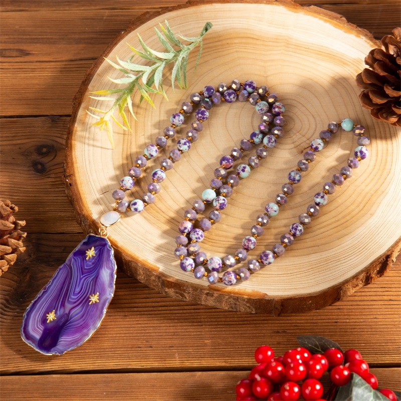 Glass Beads Handmade Beaded Necklace With Purple Agate Semi Precious Pendant