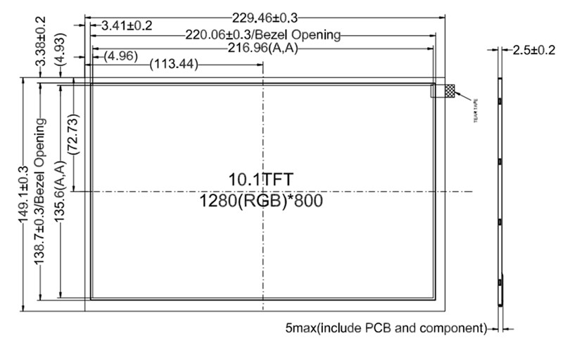 8 Bits LVDS Industrial TFT Display 10.1 Inch RGB 1280x800 Pixels 40 Pins