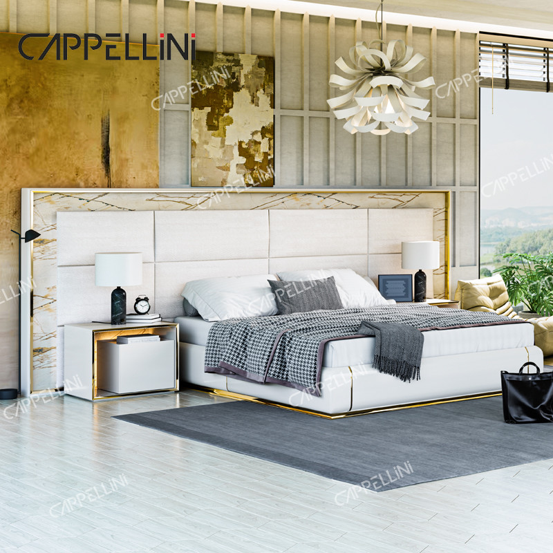 Contemporary White Leather Headboard Wood King Size Bed Home Double Modern Luxury Wooden Mdf Full Bedroom Furniture Set