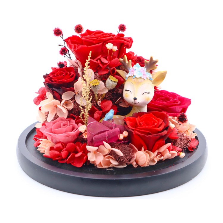 Christmas Decoration Preserved Rose Glass Dome With Christmas Reindeer