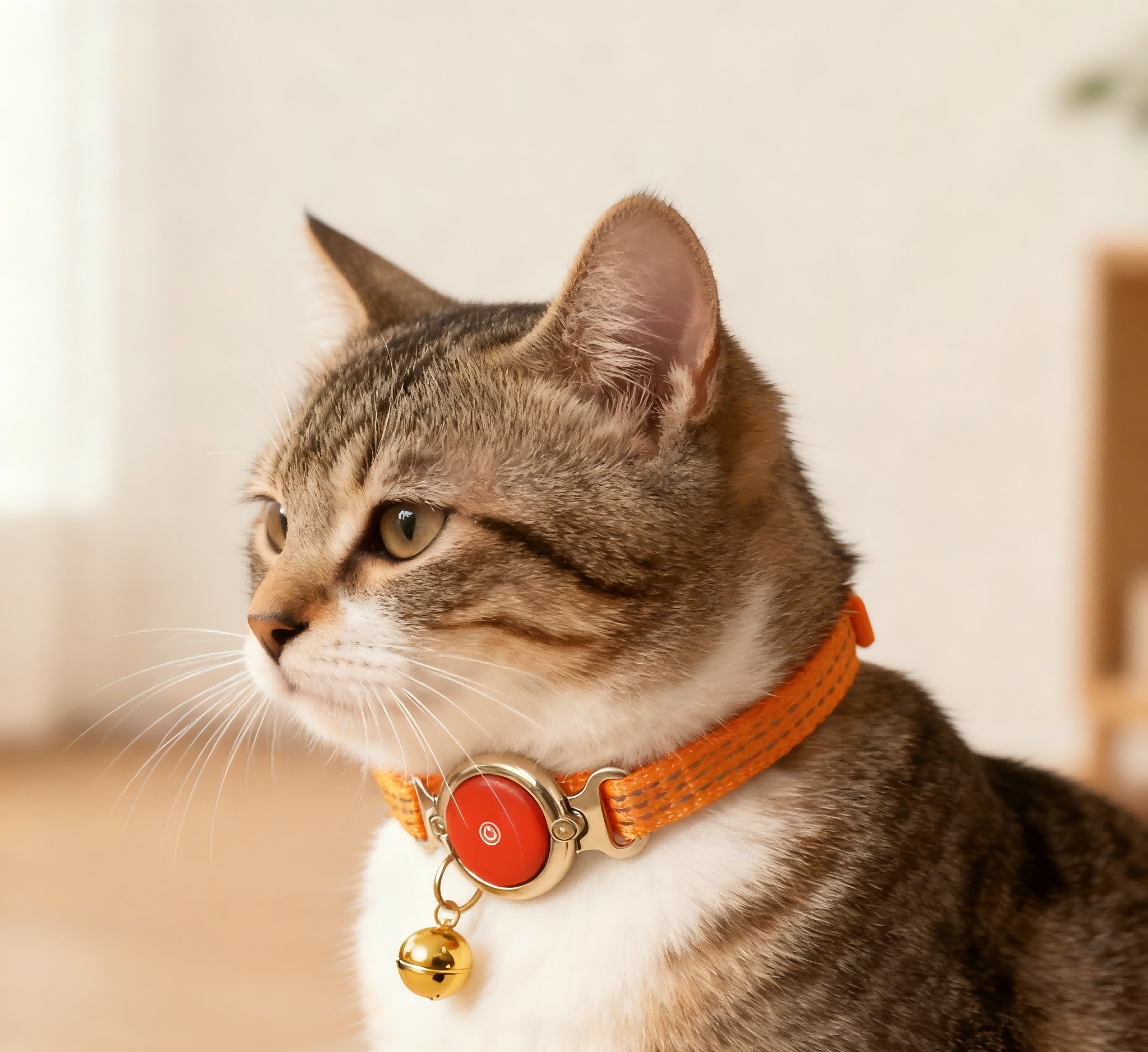 Adjustable Rechargeable Waterproof Pet Collar for Dogs Orange Smart Round Power Button Bell Lightweight Webbing