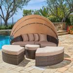 Modern Hotel Outdoor Furniture Patio Rattan Round Flip Top Daybed With Canopy