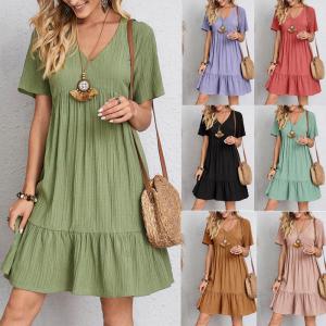 China                  2023 Summer European and American Female Skirt Loose Casual Short Sleeve Waist Casual Dress              on sale