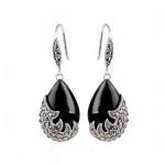 Vintage Sterling Silver Black Onyx with Marcasite Dangle Drop Earrings