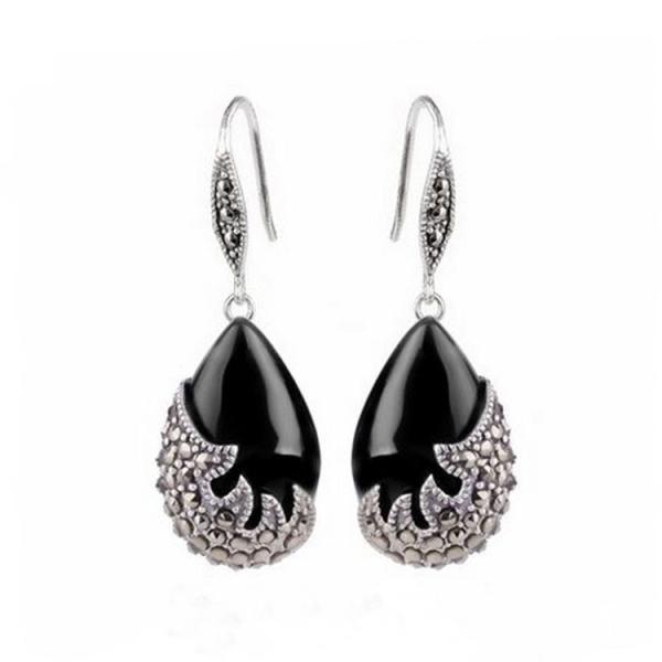 Vintage Sterling Silver Black Onyx with Marcasite Dangle Drop Earrings