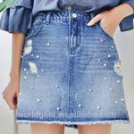 Custom Women A LINE Damaged Denim Skirt With Pearls And Frayed Hem