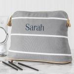 Personalized Blue Stripe Cotton Canvas Cosmetic Bag Bag