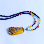925 Silver Enamel Yellow Chalcedony Pendant Lapis Lazuli Beads Strand Necklace