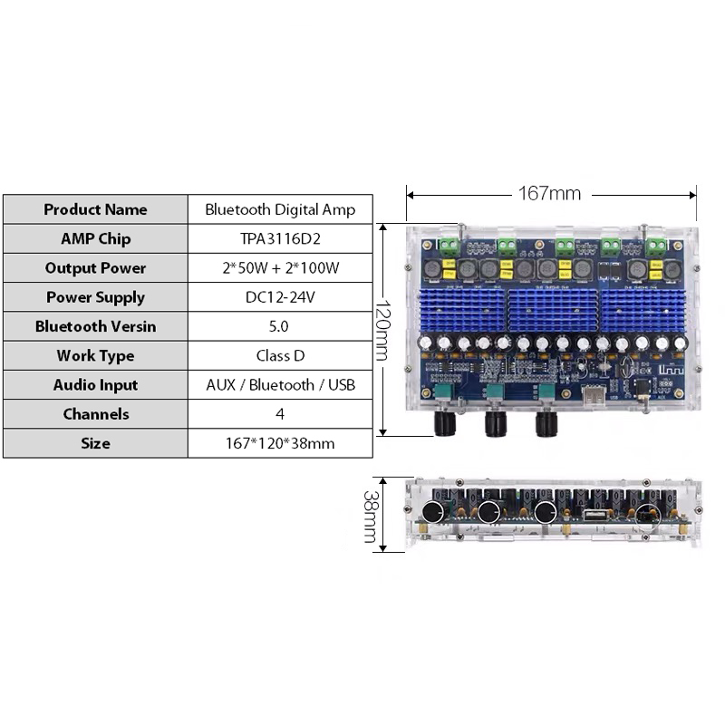 TPA3116D2 5.0-Compatible Digital Power Amplifier Board 4 Channel with 50Wx2 100Wx2 Stereo Dual Bass Receiver Amplifier